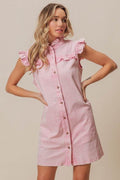BiBi Washed Button Down Ruffled Cap Sleeve Denim Dress - Hovatok