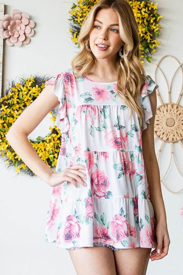 Heimish Full Size Butterfly Short Sleeve Round Neck Floral Print Tiered Top Plus Size - Hovatok