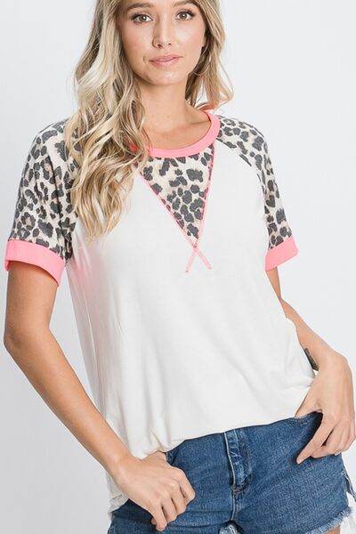 HeimishFull Size Leopard Round Neck Short Sleeve T-Shirt with Stitch Plus Size - Hovatok