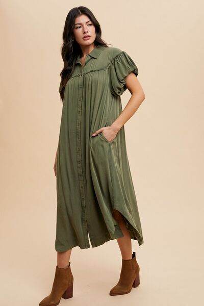 Annie Wear Mineral Washed Button Down Puff Sleeve Shirt Dress - Hovatok