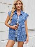 Leopard Button Up Cap Sleeve Denim Jacket - Hovatok
