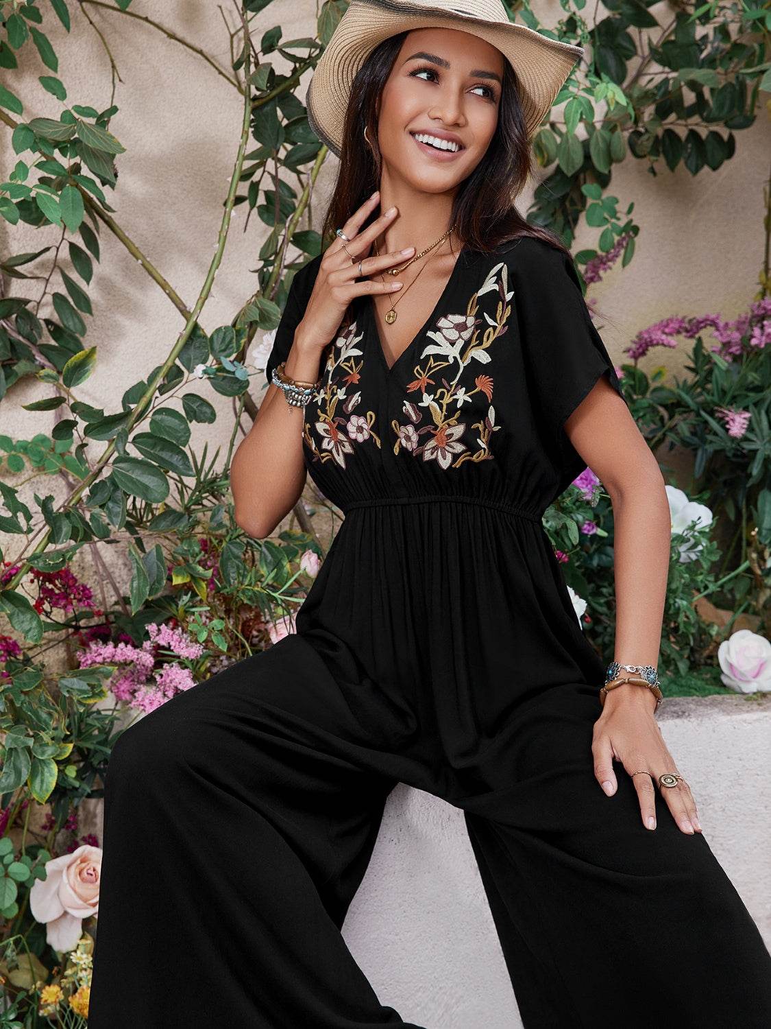 Embroidered Ruched Short Sleeve Jumpsuit - Hovatok