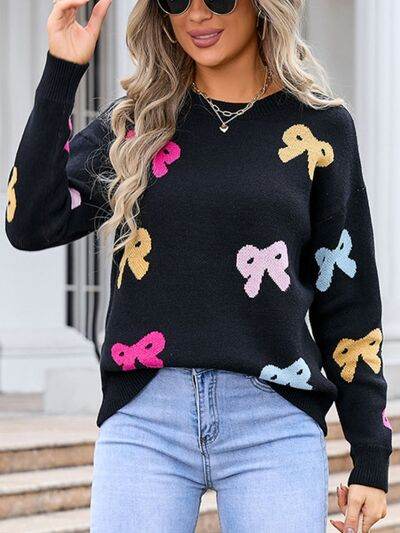 Angel Wings Bow Graphic Round Neck Long Sleeve Sweater - Hovatok