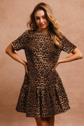 BiBi Tie Back Leopard Round Neck Short Sleeve Dress - Hovatok