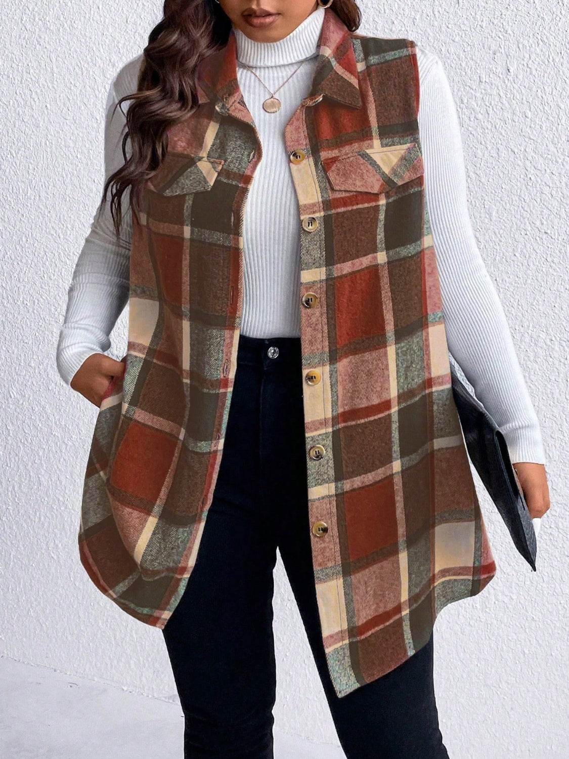 Honey Plus Size Pocketed Plaid Button Up Vest Coat - Hovatok