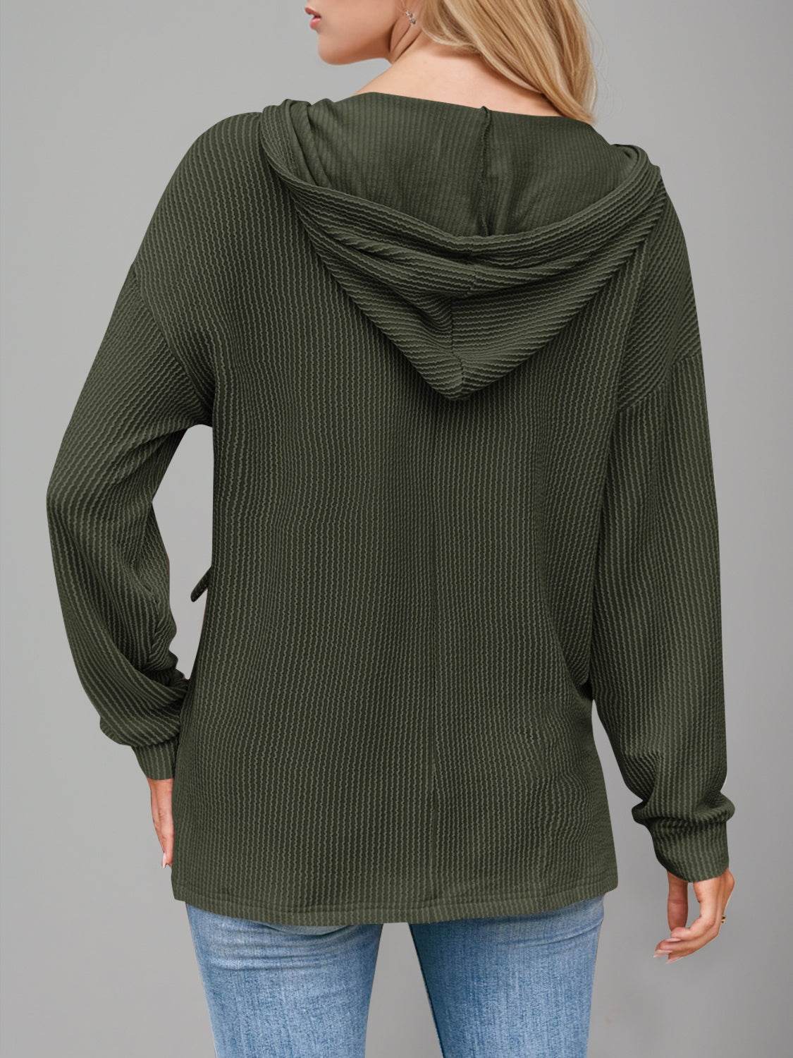 Double Take Drawstring Dropped Shoulder Long Sleeve Hoodie - Hovatok