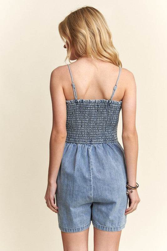 ADORA Smocked Spaghetti Strap Denim Romper - Hovatok