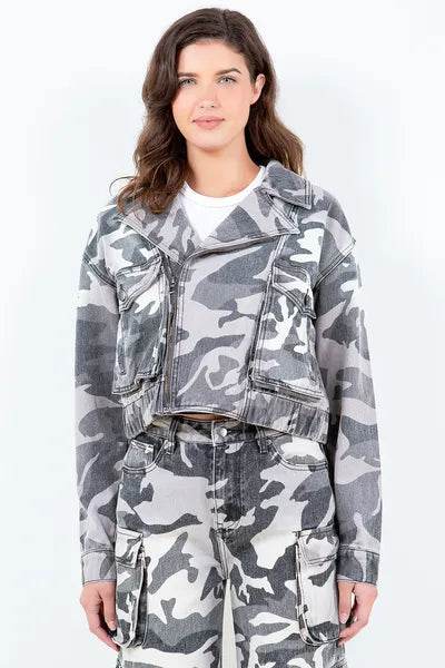 American Bazi Full Size Camouflage Zip Up Cropped Rider Jacket Plus Size - Hovatok