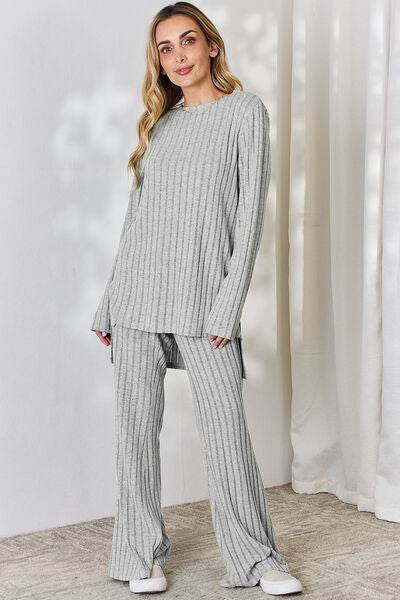 Basic Bae Full Size Ribbed High-Low Top and Wide Leg Pants Set - Hovatok