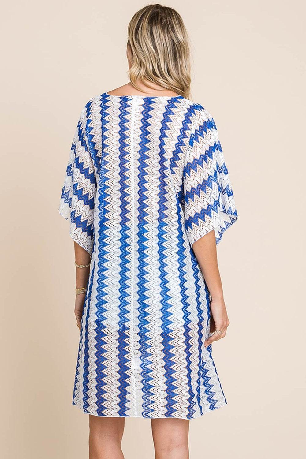 Cotton Bleu by Nu Lab Tied Striped Plunge Half Sleeve Cover-Up - Hovatok