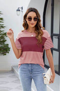 Color Block Round Neck Short Sleeve T-Shirt - Hovatok