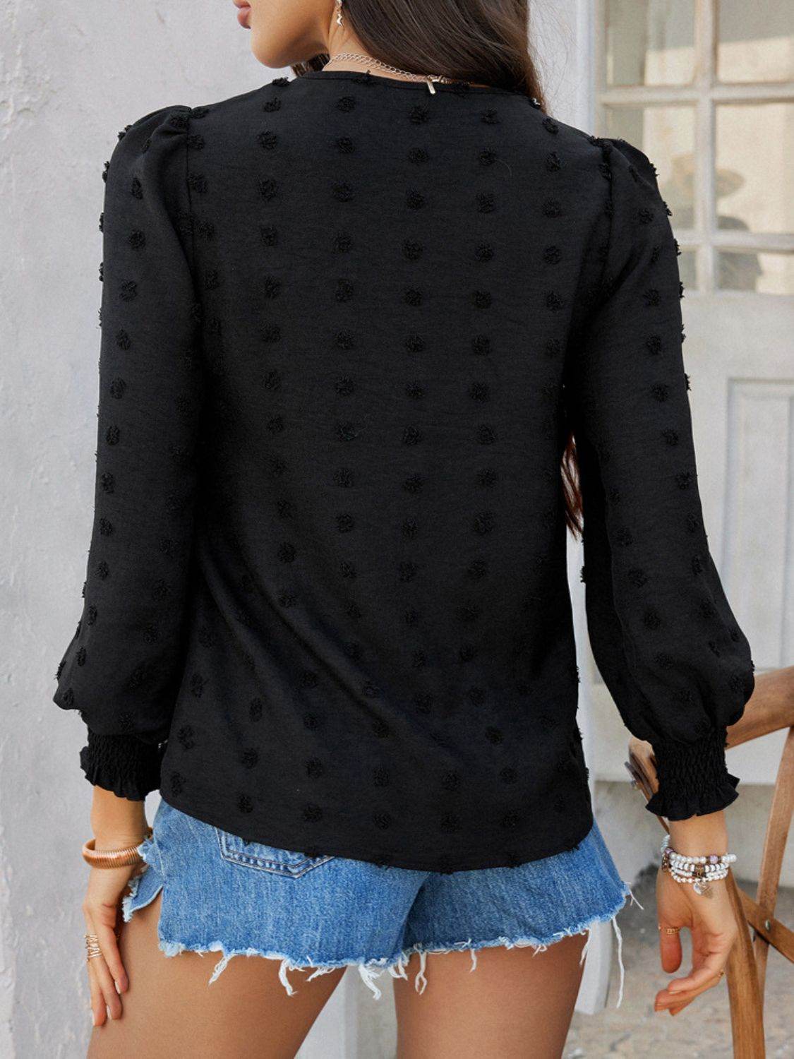 Devine Swiss Dot Lace Detail V-Neck Long Sleeve Blouse - Hovatok
