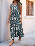 Perfee Printed Round Neck Cap Sleeve Wide Leg Jumpsuit - Hovatok