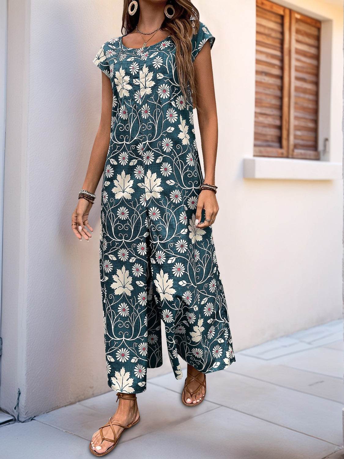 Perfee Printed Round Neck Cap Sleeve Wide Leg Jumpsuit - Hovatok