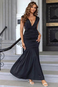 Ruched Plunge Sleeveless Maxi Dress - Hovatok