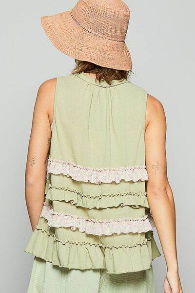 POL Ruffled Open Front Sleeveless Cardigan - Hovatok