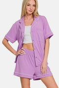 Zenana Button Down Short Sleeve Top and Shorts Lounge Set - Hovatok