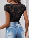 Perfee Lace V-Neck Cap Sleeve Bodysuit - Hovatok