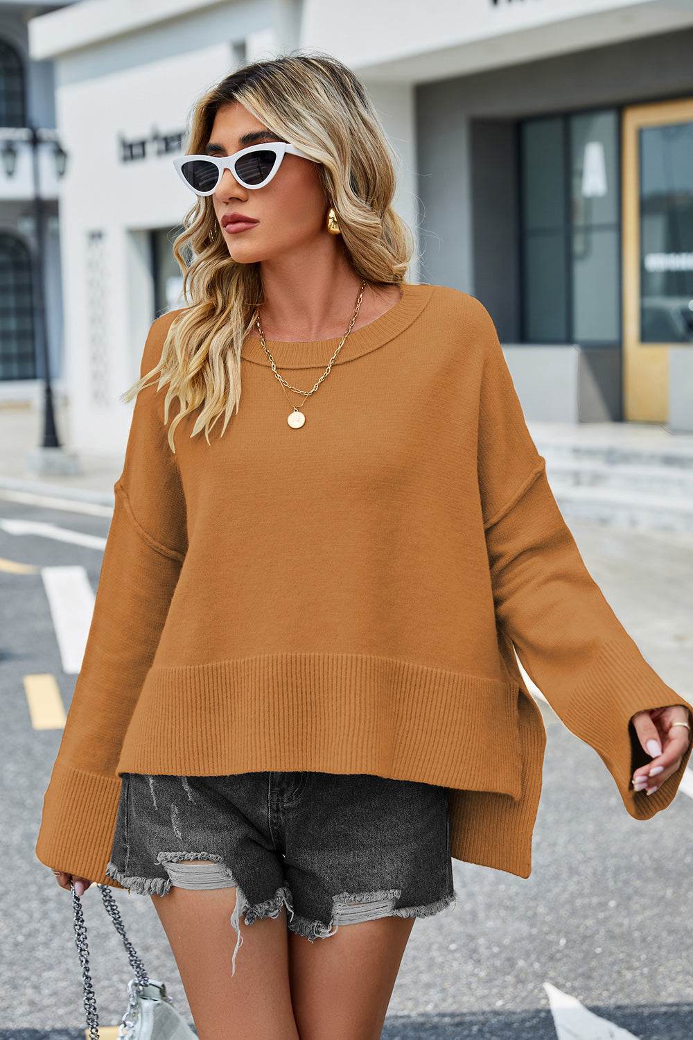 High-Low Slit Round Neck Long Sleeve Sweater - Hovatok