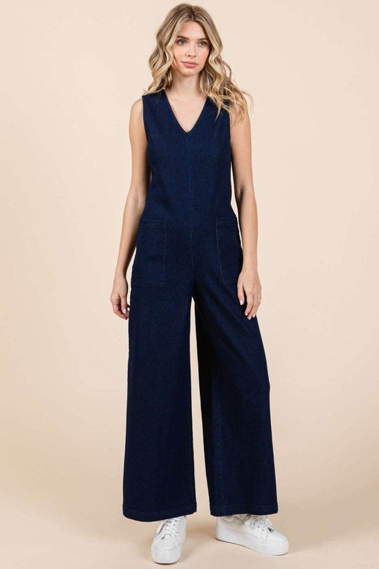 Mittoshop Sleeveless Wide Leg Denim Jumpsuit - Hovatok
