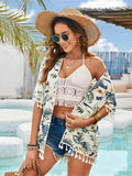 Tassel Printed Open Front Half Sleeve Cover-Up - Hovatok