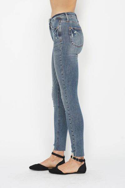Judy Blue Full Size Tummy Control Vintage Wash Hem Destroy Skinny Jeans - Hovatok