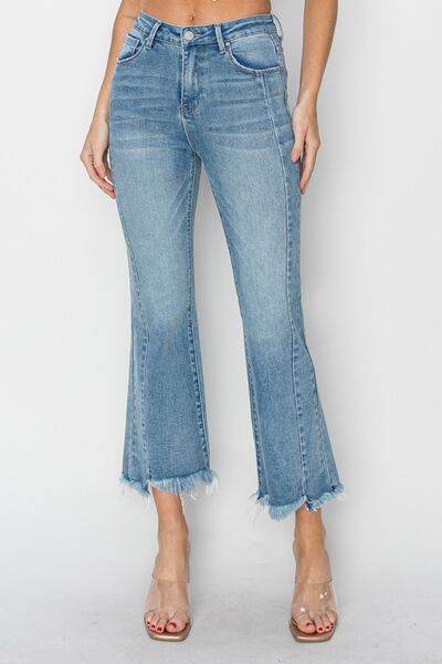 RISEN Full Size High Rise Frayed Hem Flare Jeans - Hovatok