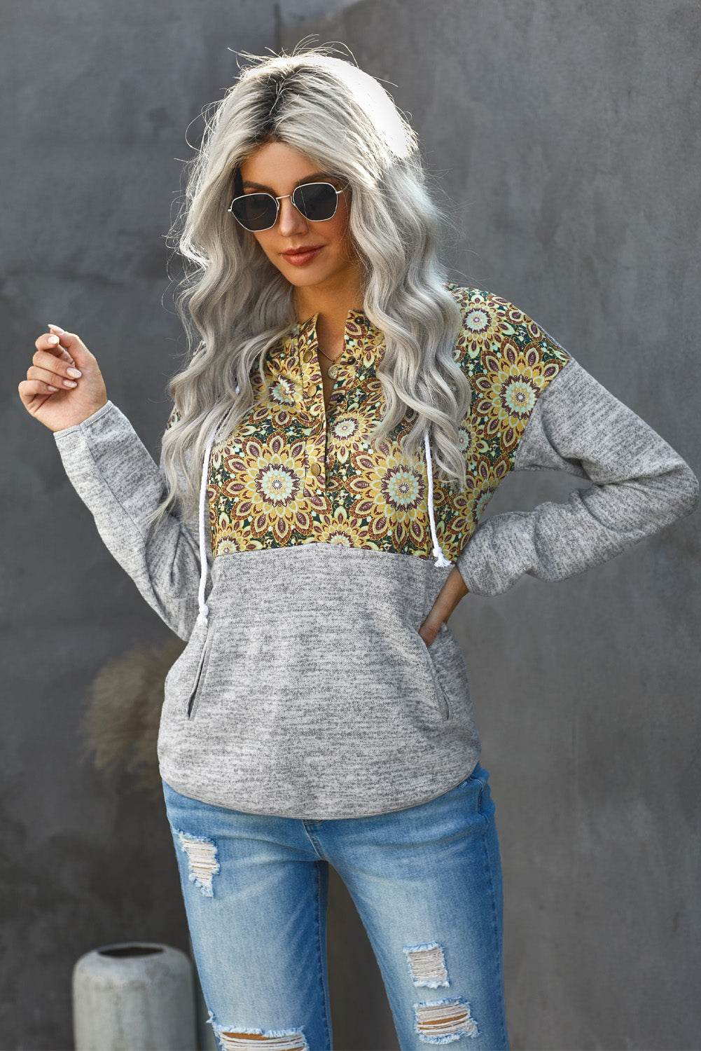 Floral Drawstring Half Snap Hoodie - Hovatok