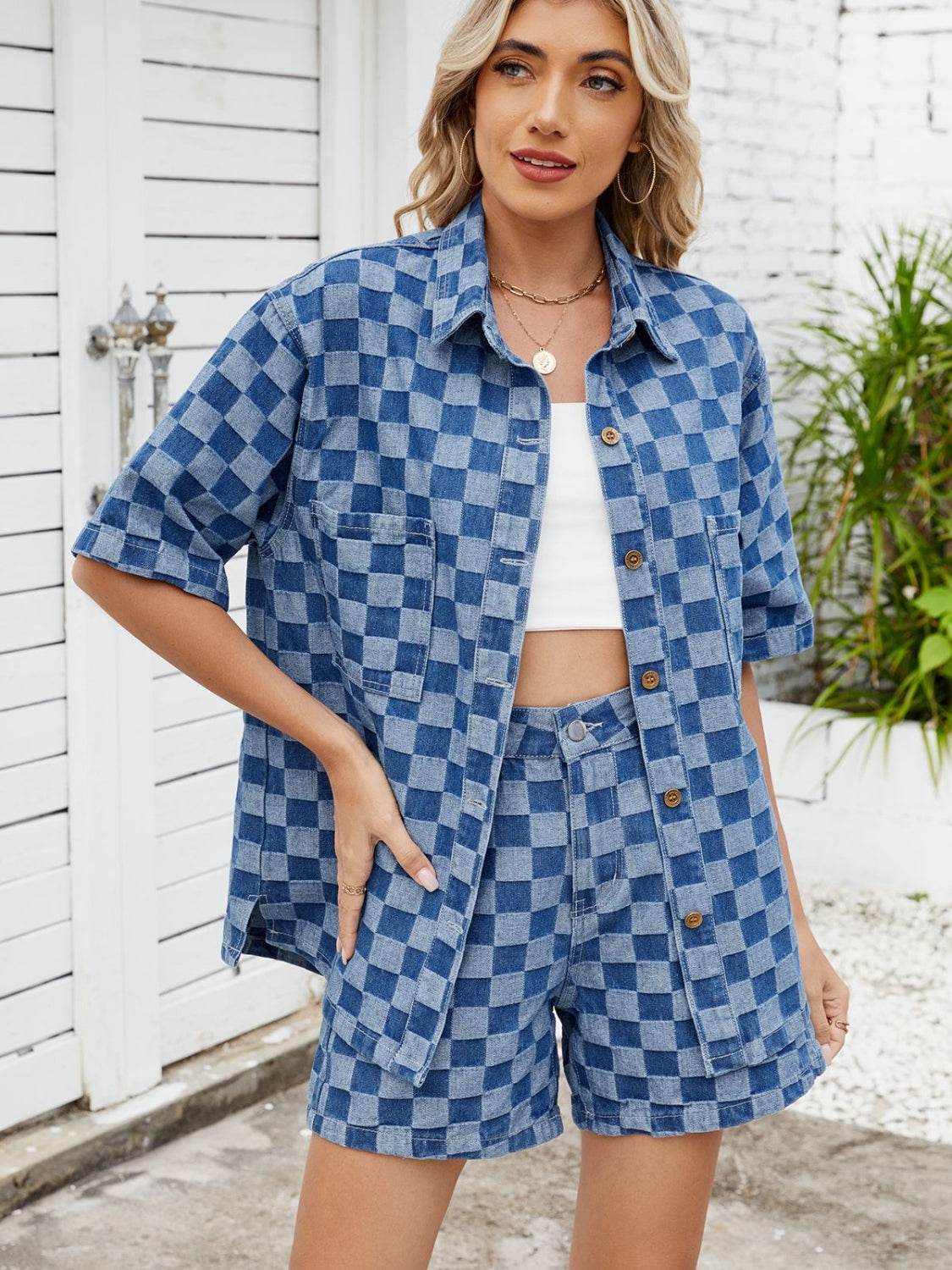 Checkered Shirt and Shorts Denim Set - Hovatok