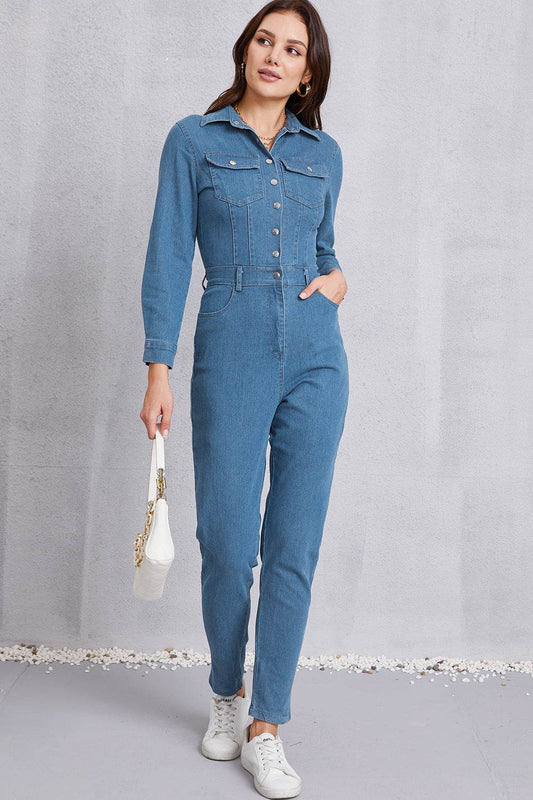 Snap Down Denim Jumpsuit with Pockets - Hovatok