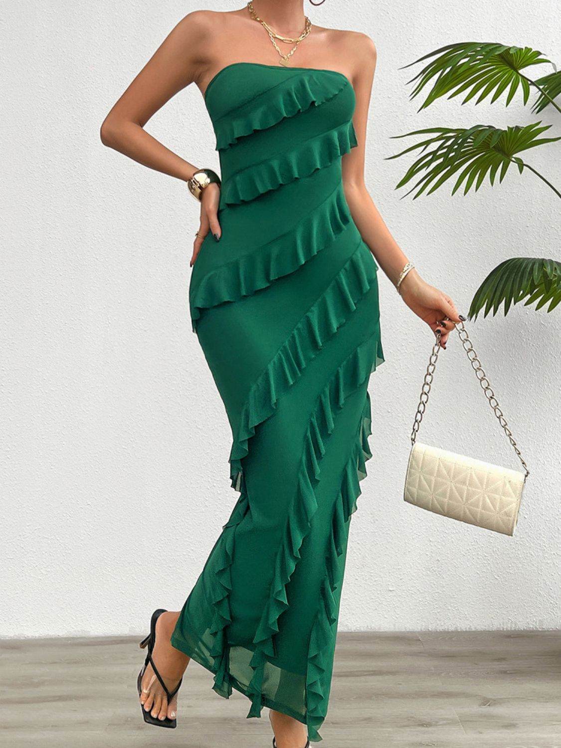 Devine Ruffled Slit Back Tube Maxi Dress - Hovatok