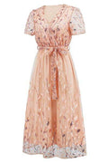Sequin Leaf Embroidery Tie Front Short Sleeve Dress - Hovatok