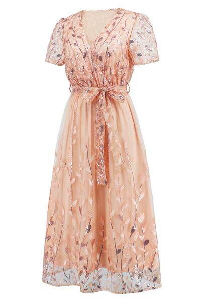 Sequin Leaf Embroidery Tie Front Short Sleeve Dress - Hovatok