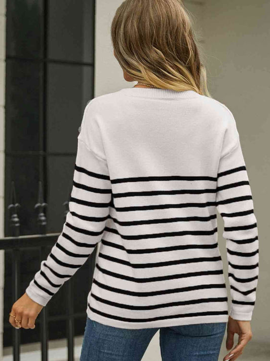 Angel Wings Round Neck Shoulder Button Striped Pullover Sweater - Hovatok