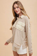 Annie Wear Striped Button Detail Long Sleeve Polo Top - Hovatok