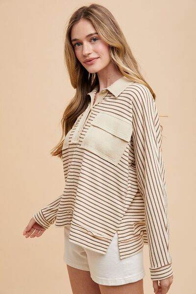 Annie Wear Striped Button Detail Long Sleeve Polo Top - Hovatok