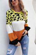 Angel Wings Color Block Round Neck Lantern Sleeve Sweater - Hovatok