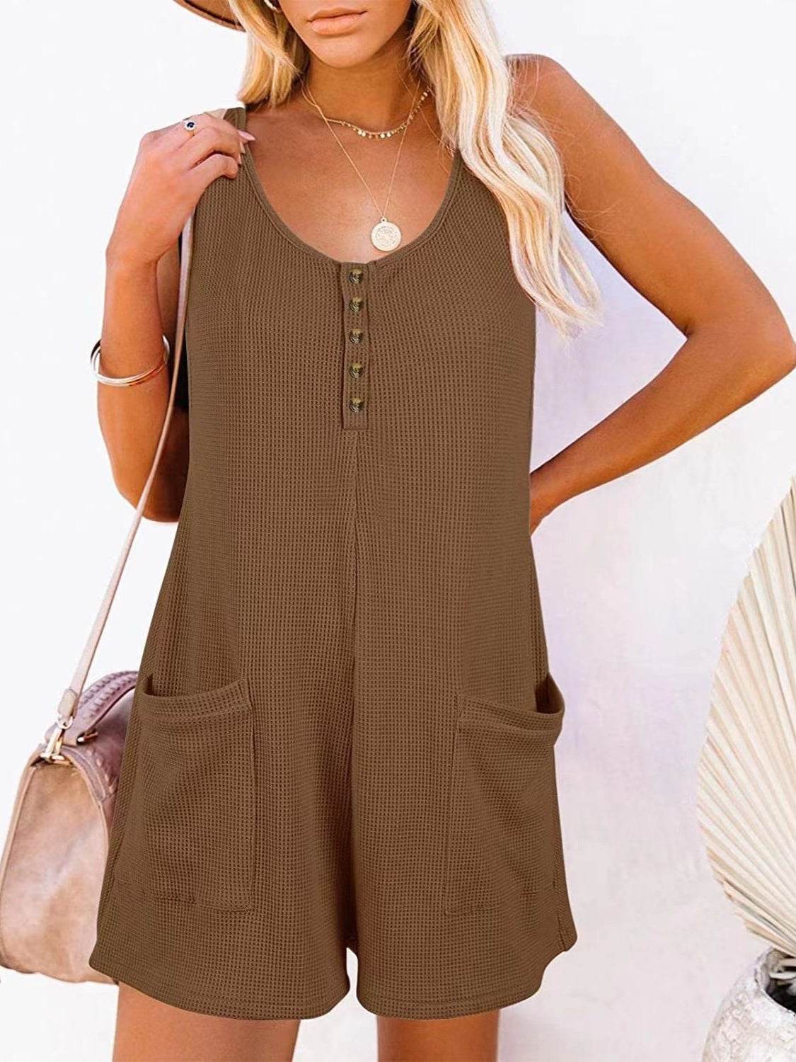 Full Size Pocketed Scoop Neck Sleeveless Romper - Hovatok
