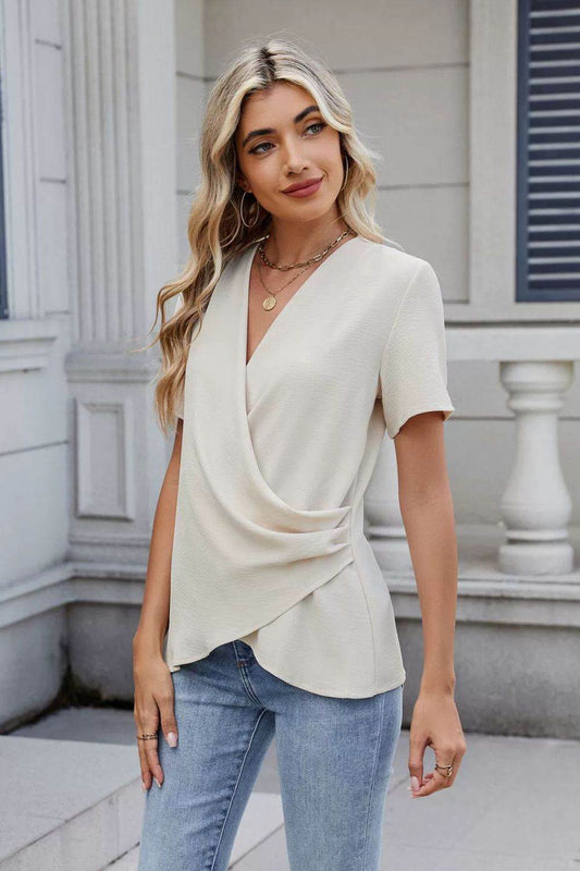 Solid Color Surplice Short Sleeve Blouse - Hovatok