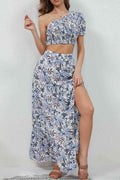 Printed Asymmetrical Cropped Top and Split Skirt Set - Hovatok
