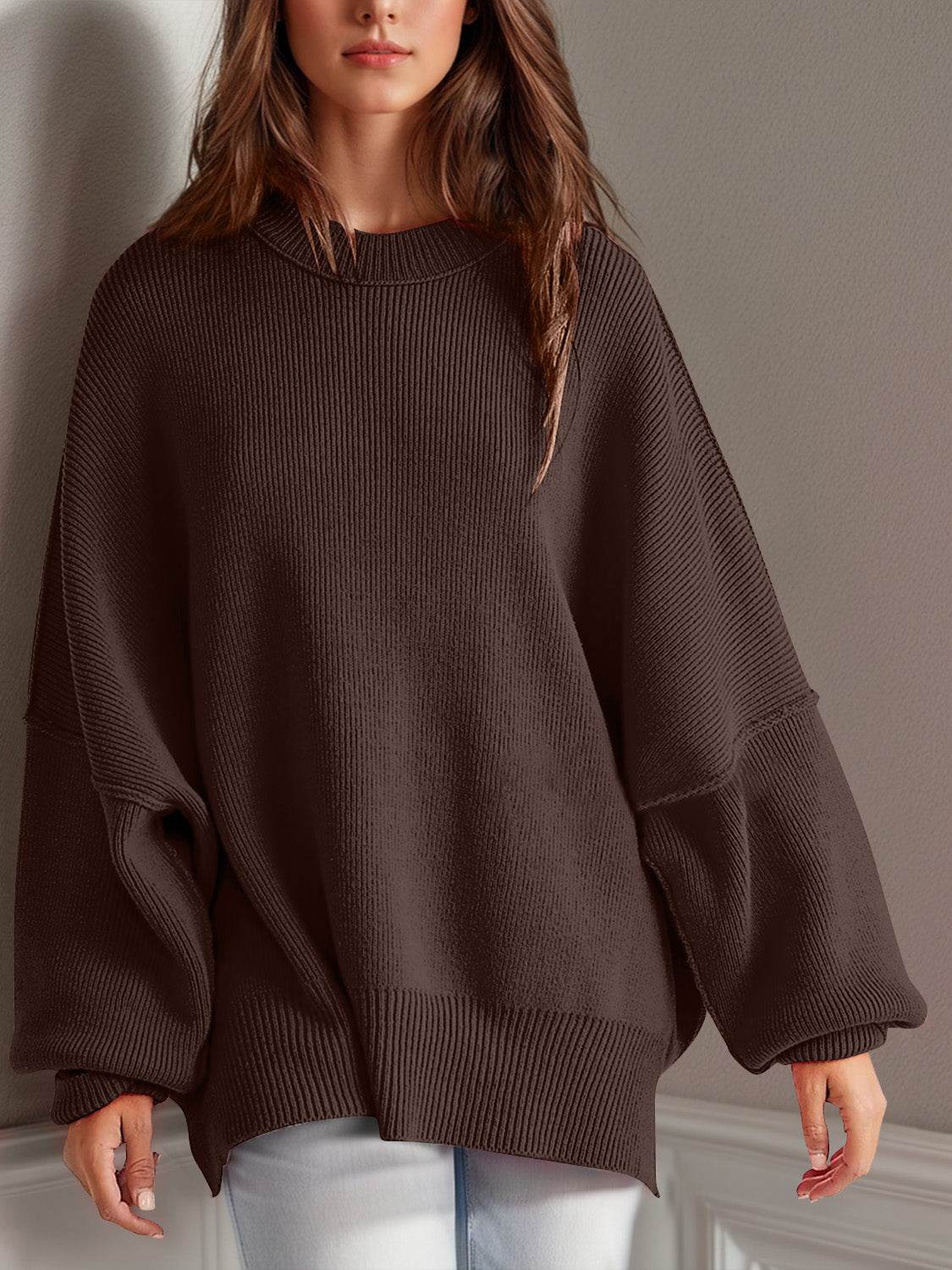 Double Take Side Slit Round Neck Long Sleeve Sweater - Hovatok