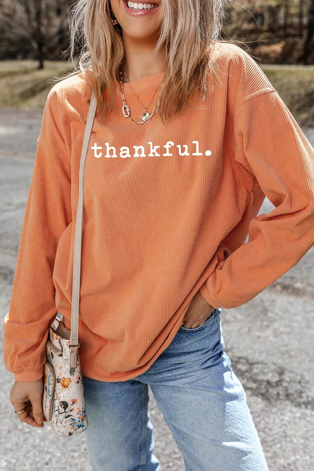 THANKFUL Round Neck Long Sleeve Sweatshirt - Hovatok