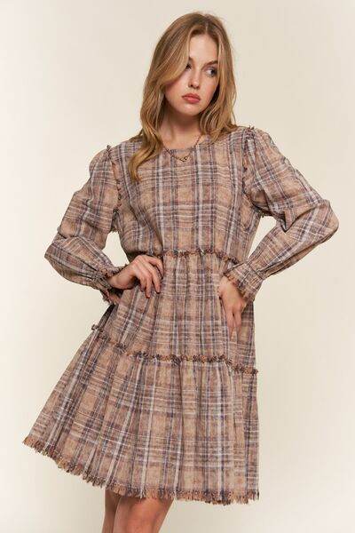 And The Why Full Size Washed Frayed Tiered Plaid Dress - Hovatok