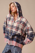 BiBi Drawstring Plaid Drop Shoulder Hoodie - Hovatok