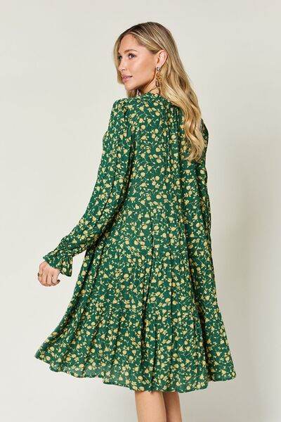Double Take Full Size Printed Ruffle Hem Long Sleeve Tiered Dress - Hovatok