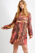 Umgee Full Size Tie Dye Long Sleeve Babydoll Dress with Keyhole Plus Size - Hovatok