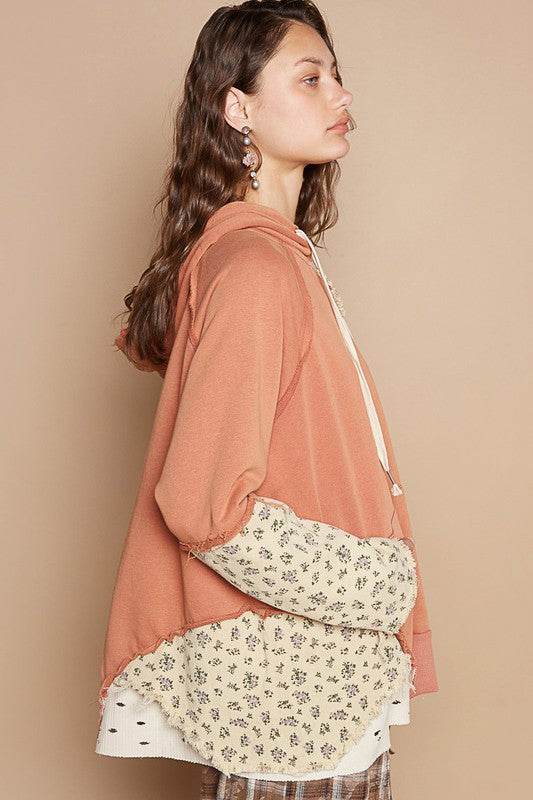 POL Floral Patchwork Distressed Drawstring Hoodie - Hovatok