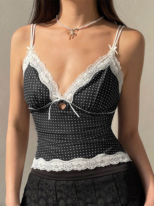 Devine Lace Detail Polka Dot V-Neck Cami - Hovatok
