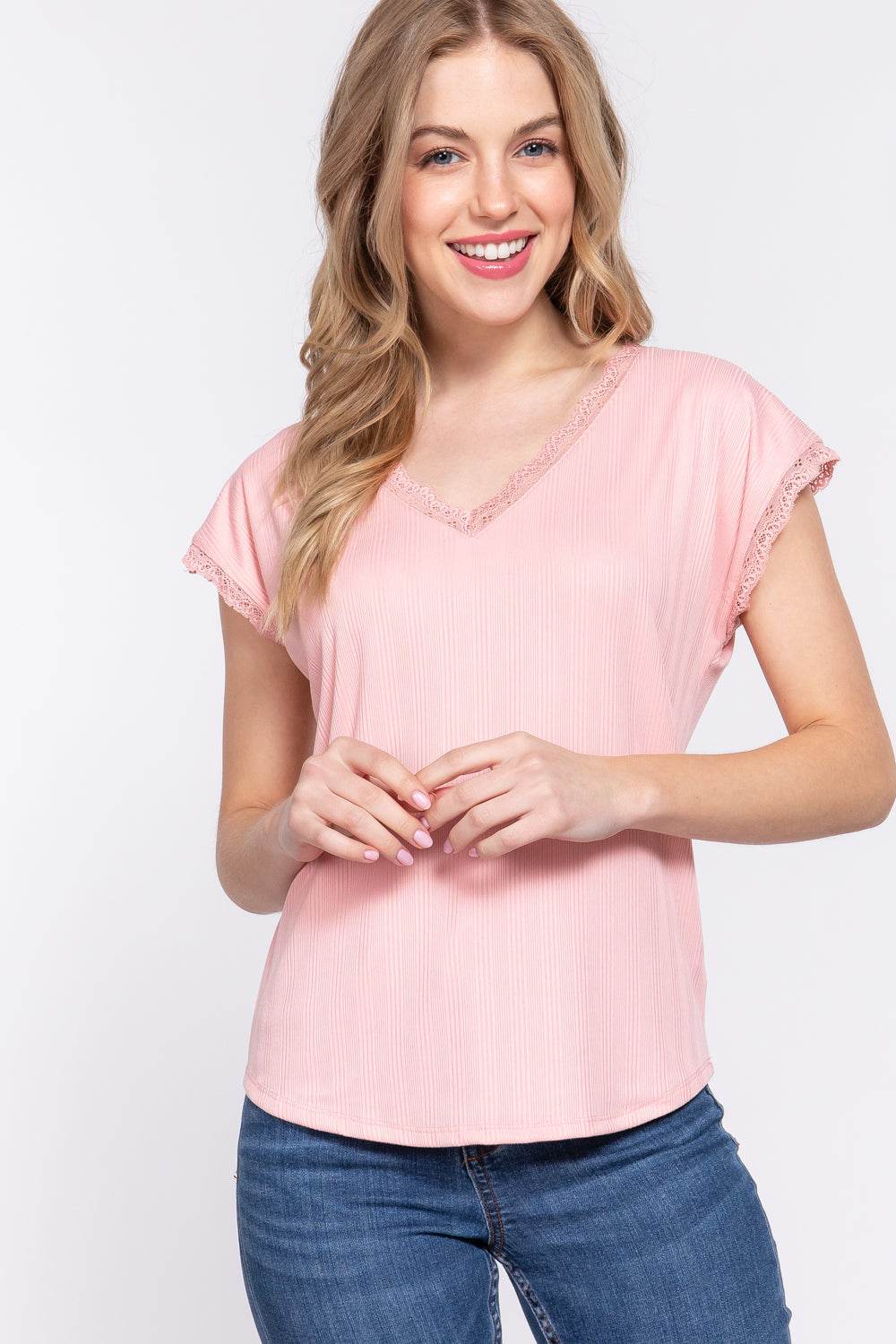 ACTIVE BASIC Lace Trim V-Neck Short Sleeve Ribbed Top - Hovatok