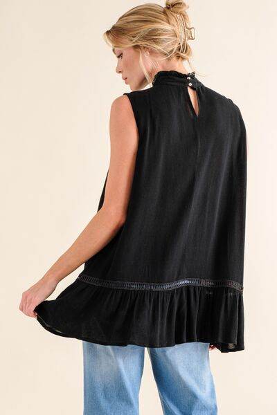 And The Why Lace Detail Sleeveless Ruffled Top - Hovatok